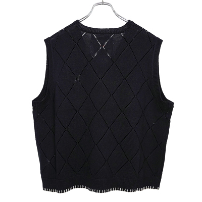 DAIRIKU [ "LOVE" Hand Embroidery Argyle Knit Vest ] Night Black