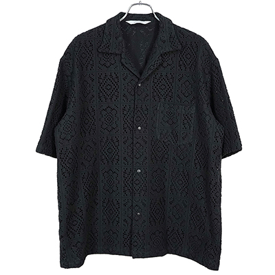 Sasquatchfabrix. [ KNIT LACE OPEN COLLAR H/S SHIRT ] BLACK