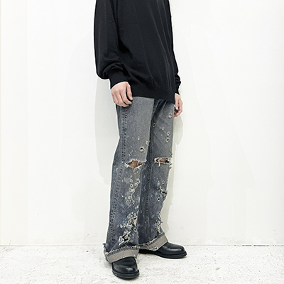 DAIRIKU [ "Damage" Flare Denim Pants ] Indigo