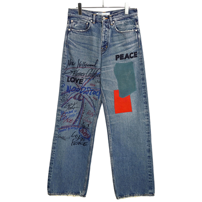 DAIRIKU [ Leather Patch & Hand Paint Denim Pants ] Indigo