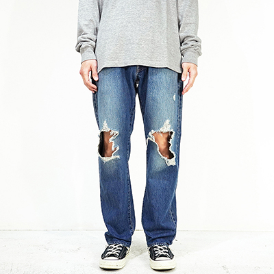 UNUSED [ UW1088 (13oz ripped denim pants) ] INDIGO