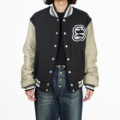 SUGARHILL [ GILL LEATHER STADIUM JACKET ] PALE BLACK × WHITE GILL