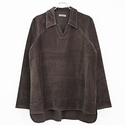 MATSUFUJI [ Velor Block Check Jacquard V-Neck Shirt ] BROWN