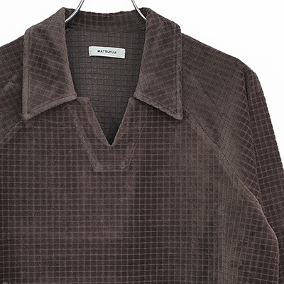 MATSUFUJI [ Velor Block Check Jacquard V-Neck Shirt ] BROWN