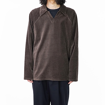 MATSUFUJI [ Velor Block Check Jacquard V-Neck Shirt ] BROWN