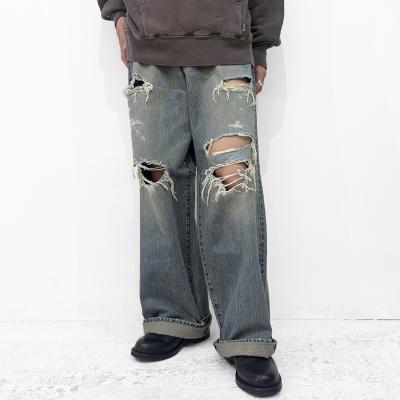 SUGARHILL [ DAMAGED MODERN DENIM PANTS WIDE CUT ] FADED INDIGO