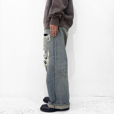 SUGARHILL [ DAMAGED MODERN DENIM PANTS WIDE CUT ] FADED INDIGO