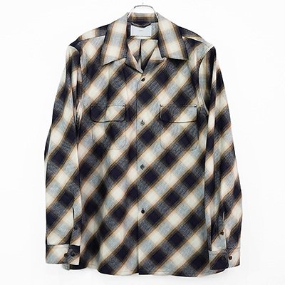 SUGARHILL [ INDIGO COTTON OMBRE PLAID OPEN COLLAR BLOUSE ]INDIGO&BROWN