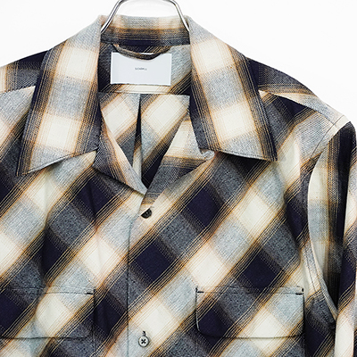 SUGARHILL [ INDIGO COTTON OMBRE PLAID OPEN COLLAR BLOUSE ]INDIGO&BROWN