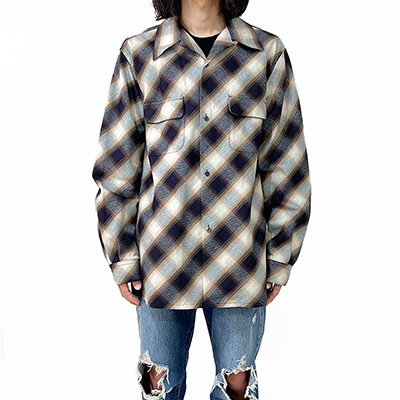 SUGARHILL [ INDIGO COTTON OMBRE PLAID OPEN COLLAR BLOUSE ]INDIGO&BROWN