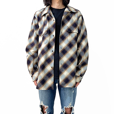 SUGARHILL [ INDIGO COTTON OMBRE PLAID OPEN COLLAR BLOUSE ]INDIGO&BROWN