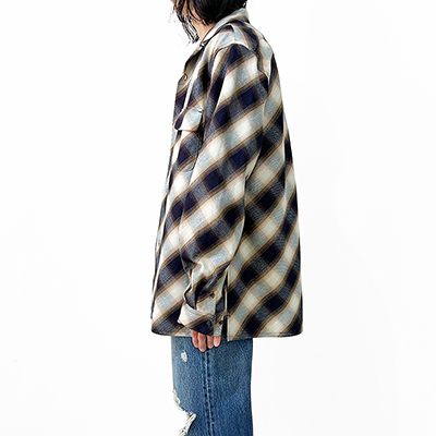 SUGARHILL [ INDIGO COTTON OMBRE PLAID OPEN COLLAR BLOUSE ]INDIGO&BROWN