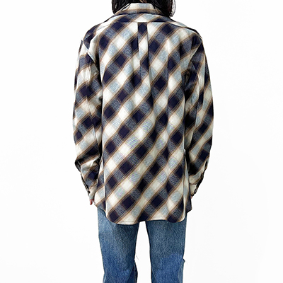 SUGARHILL [ INDIGO COTTON OMBRE PLAID OPEN COLLAR BLOUSE ]INDIGO&BROWN