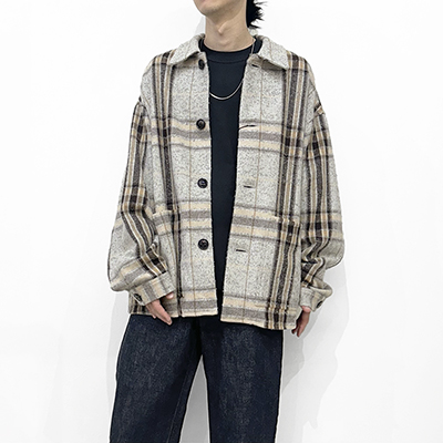 URU [ WOOL ALPACA CHECK COVERALL JACKET ] GRAY