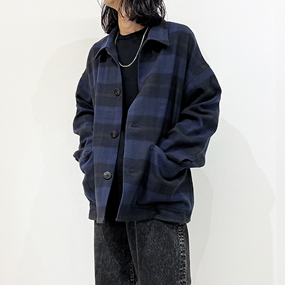 URU [ COTTON NEL CHECK COVERALL JACKET ] NAVY