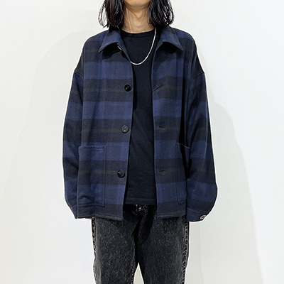 URU [ COTTON NEL CHECK COVERALL JACKET ] NAVY