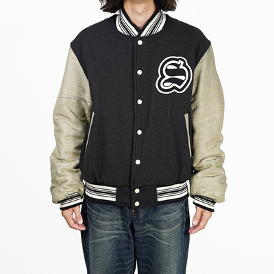 SUGARHILL [ GILL LEATHER STADIUM JACKET ] PALE BLACK × WHITE GILL