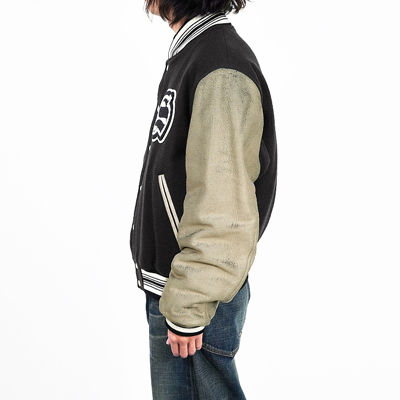 SUGARHILL [ GILL LEATHER STADIUM JACKET ] PALE BLACK × WHITE GILL