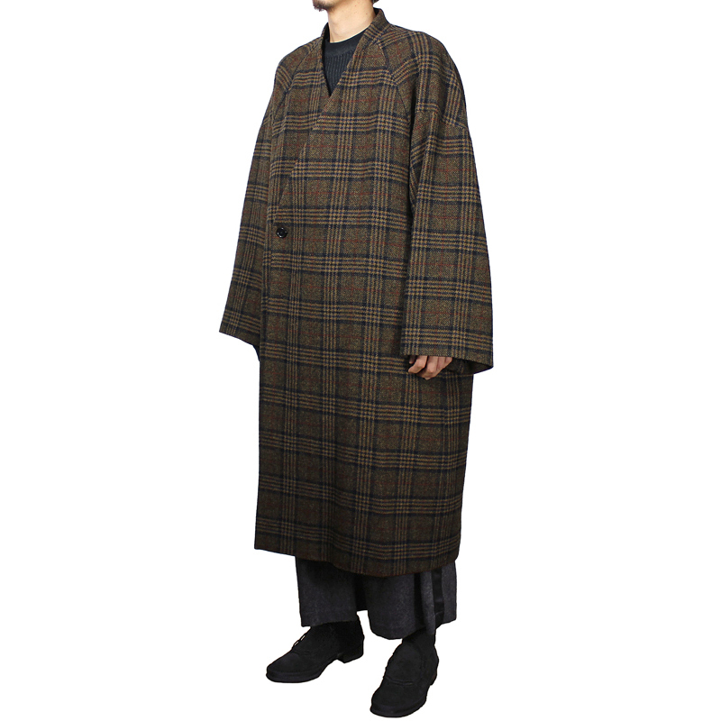 Sasquatchfabrix. [ TWEED ORIENTAL WRAP COAT ] GOLD×NAVY CHECK