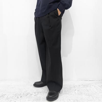 URU [ WOOL MAD CLOTH 2 TUCK PANTS ] BLACK